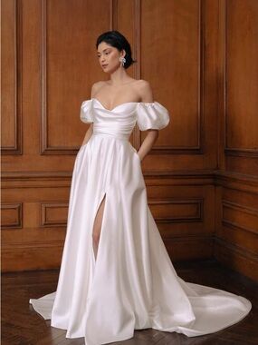 Jenny Yoo White Off-Shoulder Satin Bridal Gown with Puff Sleeves